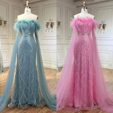 Vestido de noche rosa de lujo con plumas y mangas tipo capa LA72169B