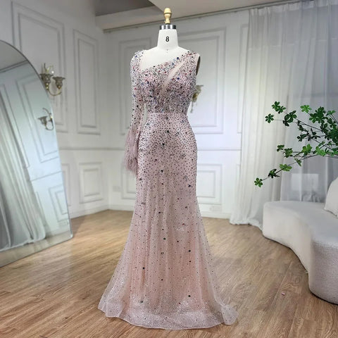 Vestido de noche elegante de sirena rosa con falda de plumas y cuentas de cristal para dama de honor, vestido de fiesta de boda 2025 LA72377 