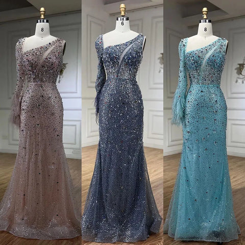 Vestido de noche elegante de sirena rosa con falda de plumas y cuentas de cristal para dama de honor, vestido de fiesta de boda 2025 LA72377 