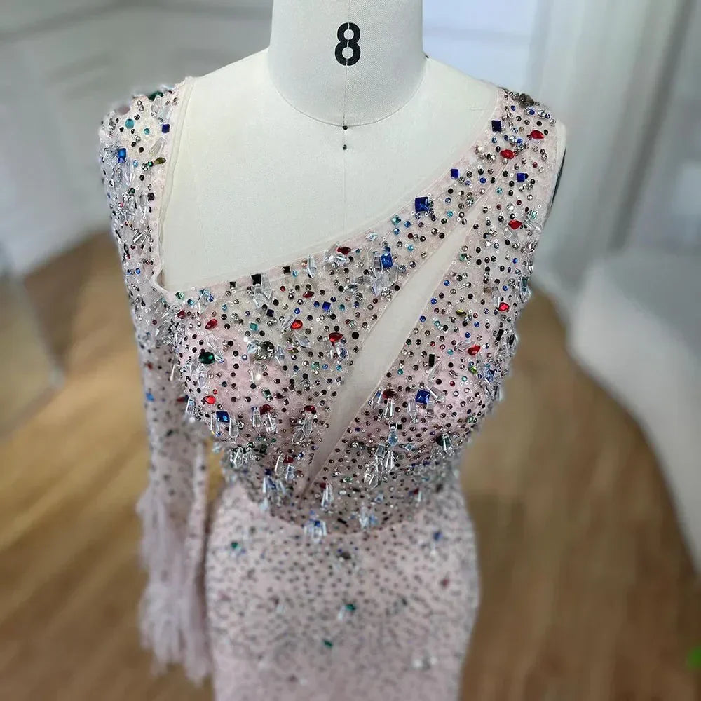 Pink Elegant Mermaid with Skirt Crystal Beaded Feathers Luxury Evening Dress Ladies Wedding Party Dress 2025 LA72377