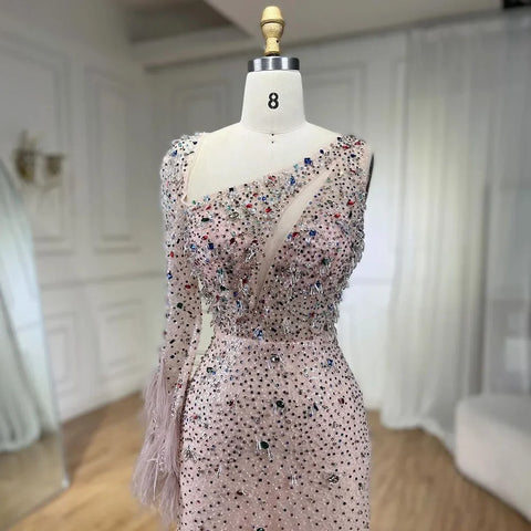 Vestido de noche elegante de sirena rosa con falda de plumas y cuentas de cristal para dama de honor, vestido de fiesta de boda 2025 LA72377 