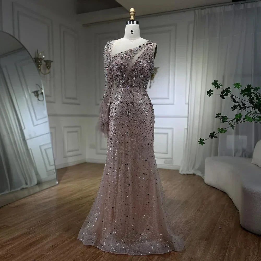 Pink Elegant Mermaid with Skirt Crystal Beaded Feathers Luxury Evening Dress Ladies Wedding Party Dress 2025 LA72377