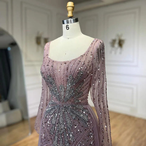 Elegante vestido de noche rosa con sobrefalda abierta, de lujo, con cuentas y corte sirena, ideal para bodas y fiestas 2025 LA72431 