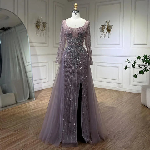 Elegante vestido de noche rosa con sobrefalda abierta, de lujo, con cuentas y corte sirena, ideal para bodas y fiestas 2025 LA72431 