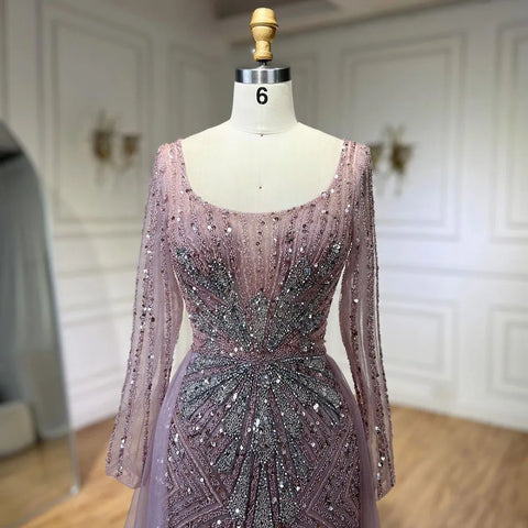 Elegante vestido de noche rosa con sobrefalda abierta, de lujo, con cuentas y corte sirena, ideal para bodas y fiestas 2025 LA72431 