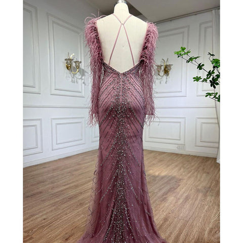Elegantes vestidos de noche largos de sirena con plumas rosas, vestidos de lujo de Dubái para mujer, para fiesta de bodas LA72116 