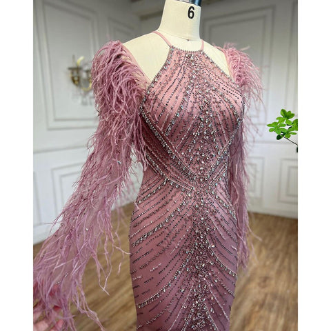 Elegantes vestidos de noche largos de sirena con plumas rosas, vestidos de lujo de Dubái para mujer, para fiesta de bodas LA72116 