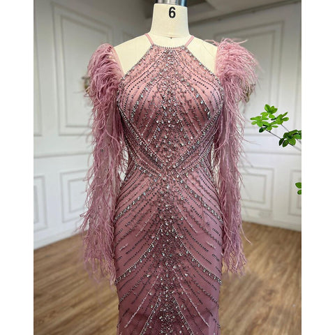 Elegantes vestidos de noche largos de sirena con plumas rosas, vestidos de lujo de Dubái para mujer, para fiesta de bodas LA72116 