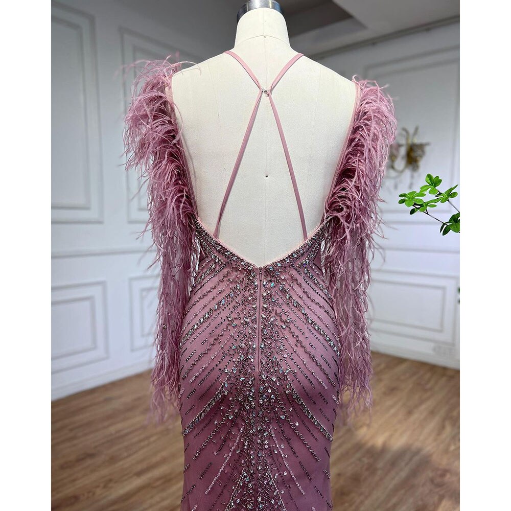 Pink Feathers Mermaid Elegant Long Evening Dresses 2025 Luxury Dubai Gowns for Women Wedding Party LA72116