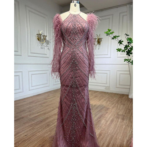 Elegantes vestidos de noche largos de sirena con plumas rosas, vestidos de lujo de Dubái para mujer, para fiesta de bodas LA72116 
