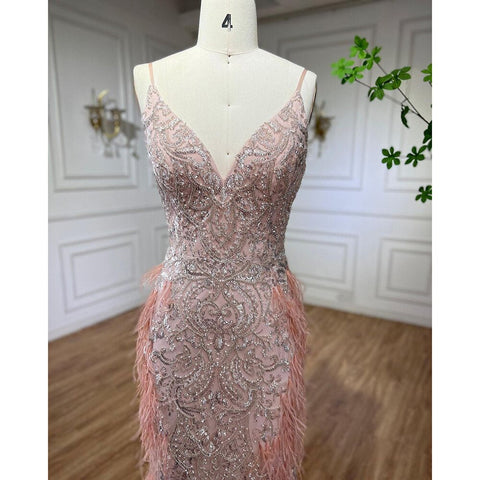 Vestidos de noche de sirena con plumas rosas 2025, vestidos de lujo de Dubái para mujer, fiesta de bodas LA72105 