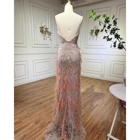 Vestidos de noche de sirena con plumas rosas 2025, vestidos de lujo de Dubái para mujer, fiesta de bodas LA72105 