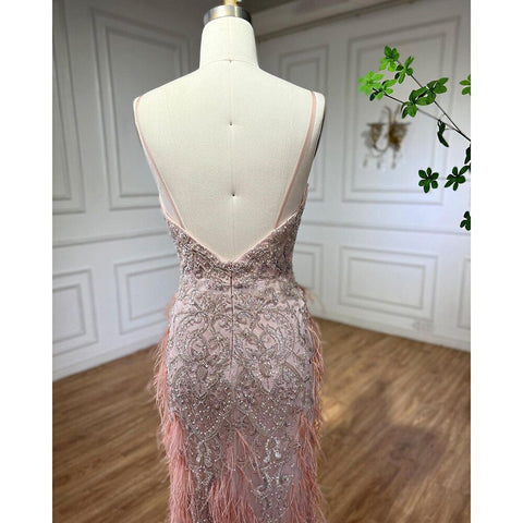 Vestidos de noche de sirena con plumas rosas 2025, vestidos de lujo de Dubái para mujer, fiesta de bodas LA72105 