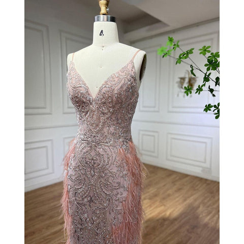Vestidos de noche de sirena con plumas rosas 2025, vestidos de lujo de Dubái para mujer, fiesta de bodas LA72105 