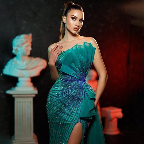 Green Strapless Beaded Mermaid High Split Evening Party Gowns 2025 Sexy Party Dresses For Women LA72090
