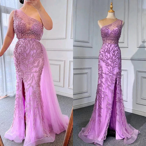 Vestido de noche elegante de sirena con abertura alta en color rosa, de lujo, con cuentas, para mujer, 2025, LA71582 