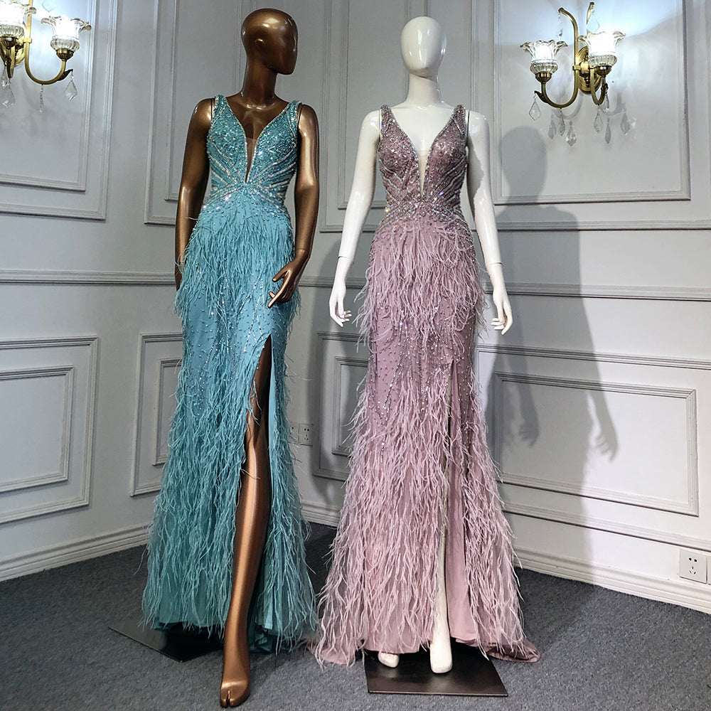 Pink High Split Mermaid Evening Dresses Gowns 2025 Backless Luxury Beaded Feather For Women Party LA71583