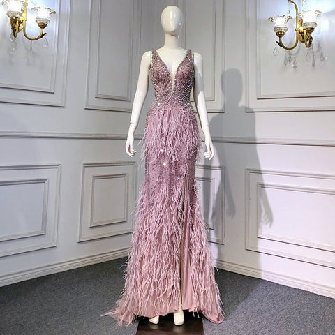 Vestido de noche rosa de sirena con abertura alta, 2025, sin espalda, de lujo, con cuentas y plumas, para mujer, fiesta LA71583