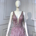 Pink High Split Mermaid Evening Dresses Gowns 2025 Backless Luxury Beaded Feather For Women Party LA71583