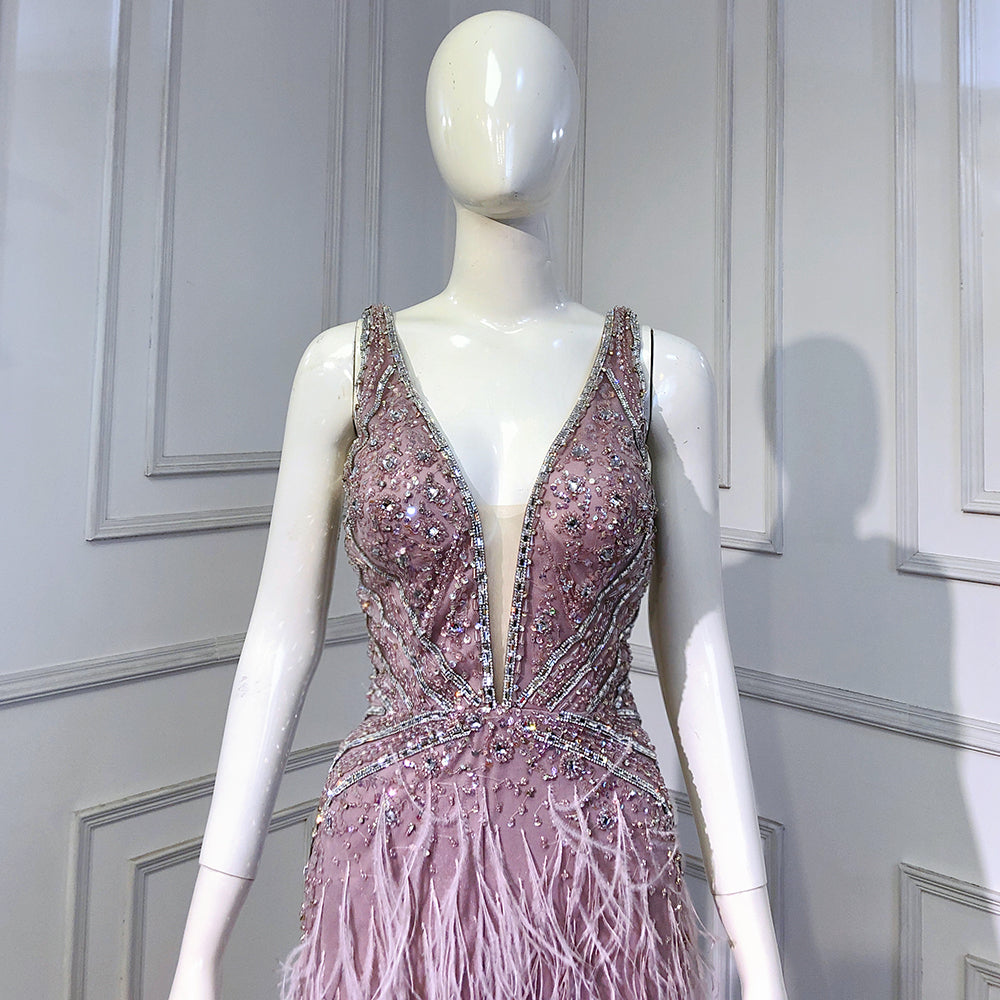 Pink High Split Mermaid Evening Dresses Gowns 2025 Backless Luxury Beaded Feather For Women Party LA71583