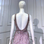 Pink High Split Mermaid Evening Dresses Gowns 2025 Backless Luxury Beaded Feather For Women Party LA71583