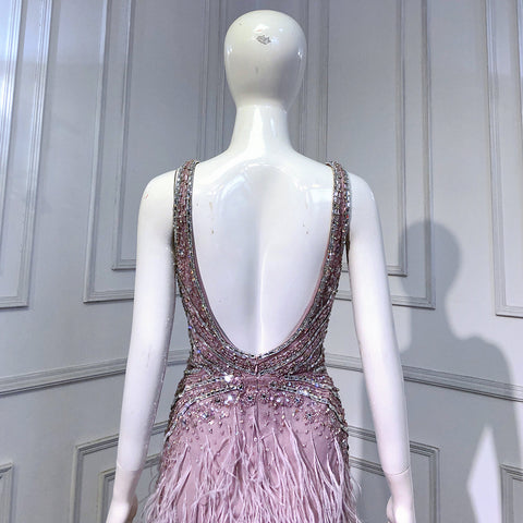 Vestido de noche rosa de sirena con abertura alta, 2025, sin espalda, de lujo, con cuentas y plumas, para mujer, fiesta LA71583