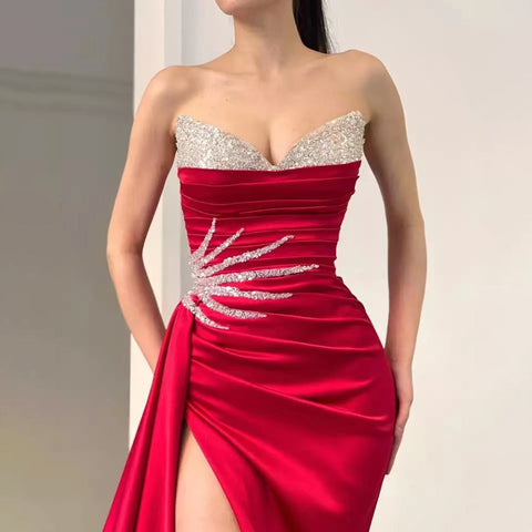 Vestido de noche rosa con sobrefalda alta y abertura, elegante, de satén con cuentas, corte sirena, para mujer, fiesta, LA71615 