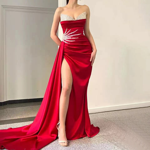 Vestido de noche rosa con sobrefalda alta y abertura, elegante, de satén con cuentas, corte sirena, para mujer, fiesta, LA71615 