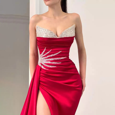 Vestido de noche rosa con sobrefalda alta y abertura, elegante, de satén con cuentas, corte sirena, para mujer, fiesta, LA71615 
