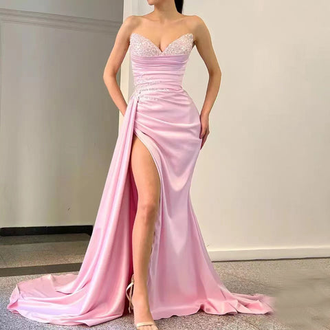Vestido de noche rosa con sobrefalda alta y abertura, elegante, de satén con cuentas, corte sirena, para mujer, fiesta, LA71615 