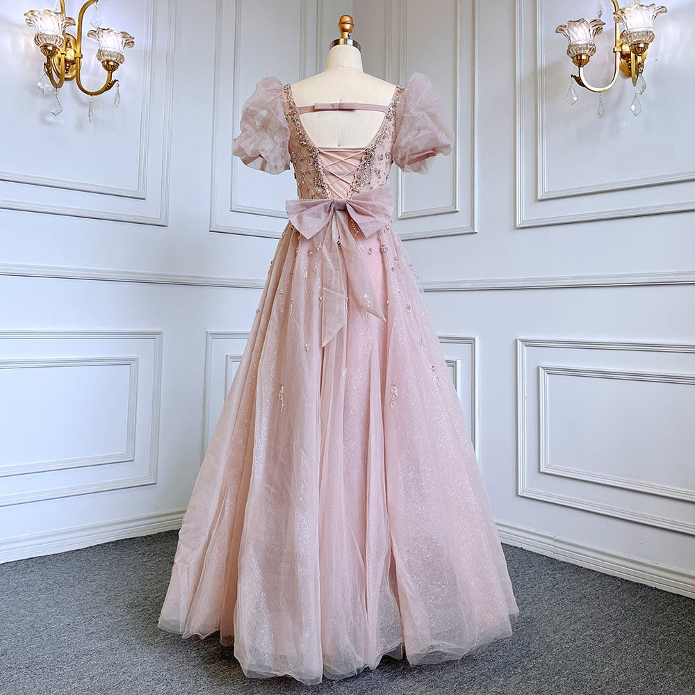 Pink Luxury A Line Beaded Sexy Lace Up  Short Sleeves Evening Dresses Gowns 2025 For Women Party LA71773
