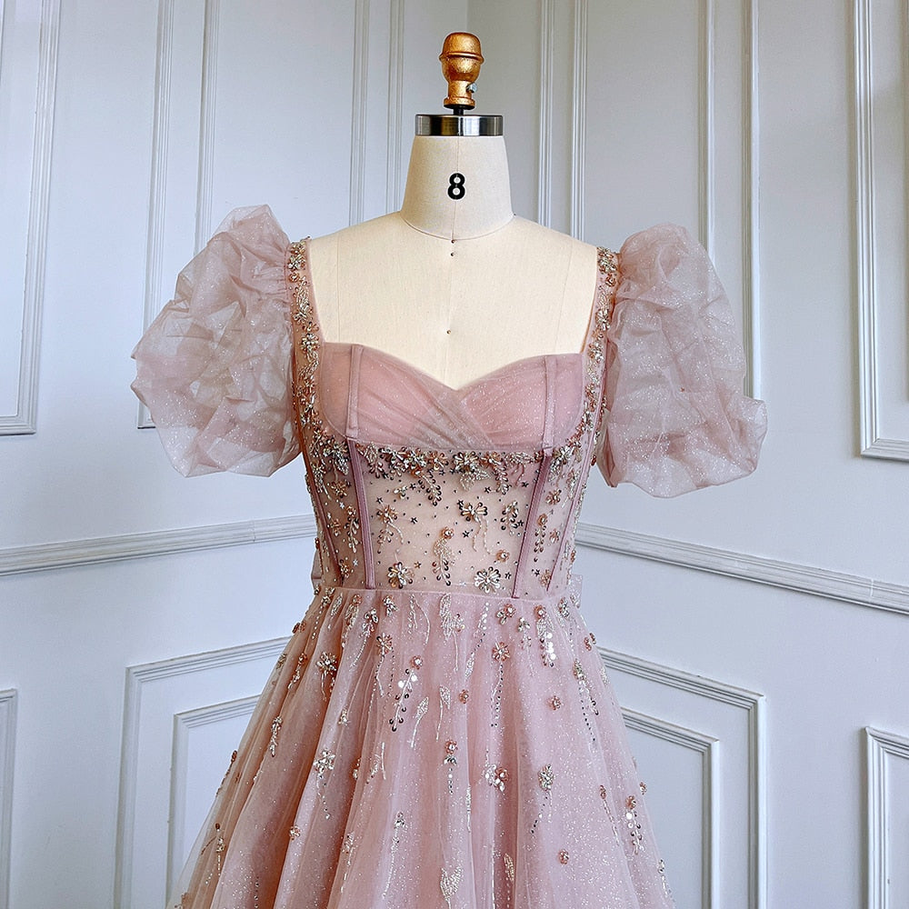 Pink Luxury A Line Beaded Sexy Lace Up  Short Sleeves Evening Dresses Gowns 2025 For Women Party LA71773