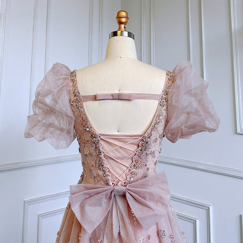 Vestido de noche rosa de lujo con cuentas, corte A, sexy, con encaje y mangas cortas, para mujer, fiesta, LA71773 