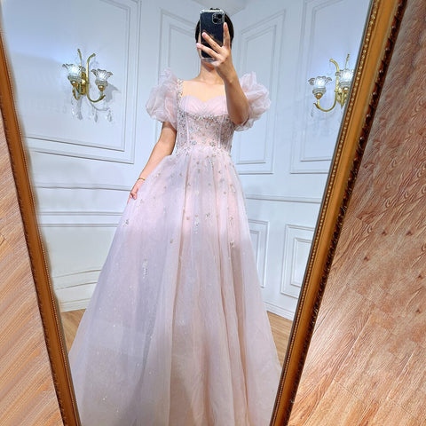 Vestido de noche rosa de lujo con cuentas, corte A, sexy, con encaje y mangas cortas, para mujer, fiesta, LA71773 