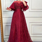 Pink Luxury A-Line Evening Dresses Gowns 2025 Flare Sleeves Beaded For Women Party LA71600