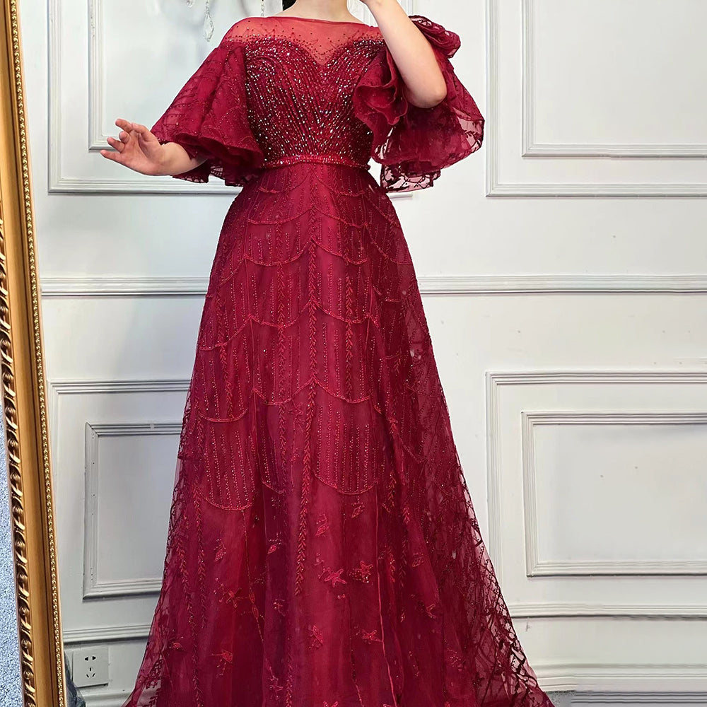 Pink Luxury A-Line Evening Dresses Gowns 2025 Flare Sleeves Beaded For Women Party LA71600
