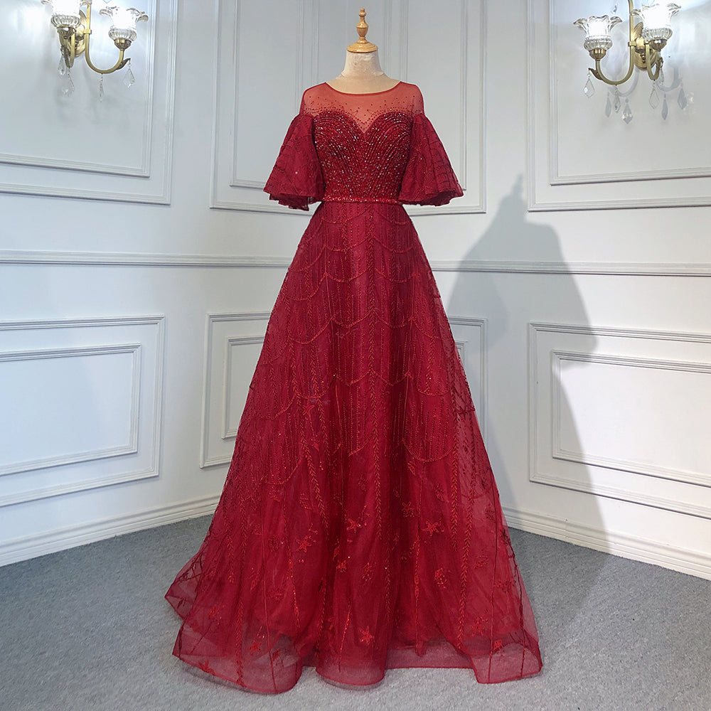 Pink Luxury A-Line Evening Dresses Gowns 2025 Flare Sleeves Beaded For Women Party LA71600
