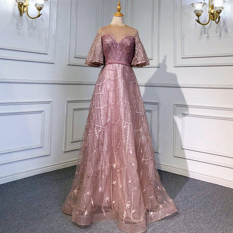 Vestidos de noche rosas de lujo, corte A, 2025, mangas acampanadas, con cuentas, para mujer, fiesta, LA71600 
