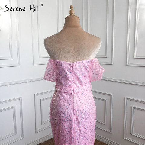 Vestidos de noche rosas de lujo con cuentas, vestidos de fiesta 2025 con abertura alta, sexys y elegantes para mujer LA71256 