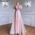 Pink Luxury Overskirt Evening Dresses Gowns 2025 Beaded Puffy Short Sleeves For Women Party LA71361