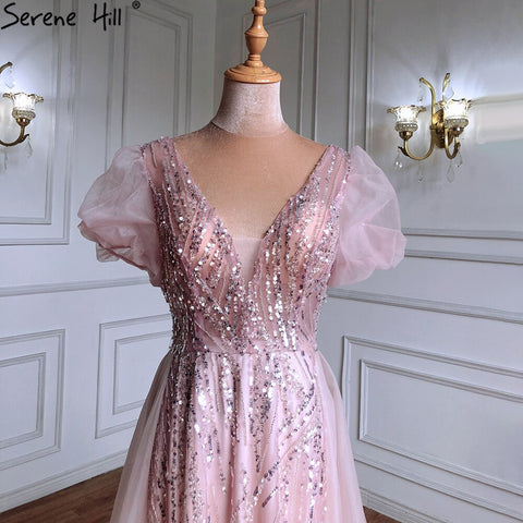 Vestidos de noche de lujo en rosa con sobrefalda, 2025, con cuentas, mangas cortas abullonadas para mujer, fiesta LA71361 
