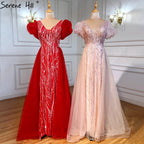 Pink Luxury Overskirt Evening Dresses Gowns 2025 Beaded Puffy Short Sleeves For Women Party LA71361