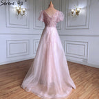 Pink Luxury Overskirt Evening Dresses Gowns 2025 Beaded Puffy Short Sleeves For Women Party LA71361