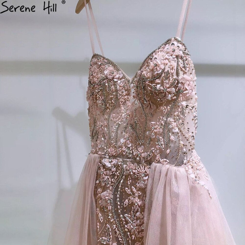 Pink Luxury Overskirt Evening Dresses Gowns 2025 Spaghetti Strap Beaded Mermaid For Woman Party LA71216