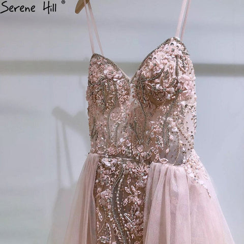 Vestido de noche rosa de lujo con sobrefalda, corte sirena, tirantes finos y cuentas, para mujer, fiesta, LA71216 