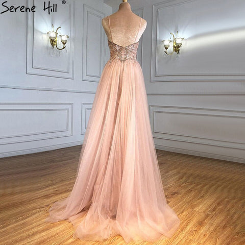 Vestido de noche rosa de lujo con sobrefalda, corte sirena, tirantes finos y cuentas, para mujer, fiesta, LA71216 