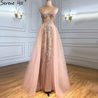 Pink Luxury Overskirt Evening Dresses Gowns 2025 Spaghetti Strap Beaded Mermaid For Woman Party LA71216