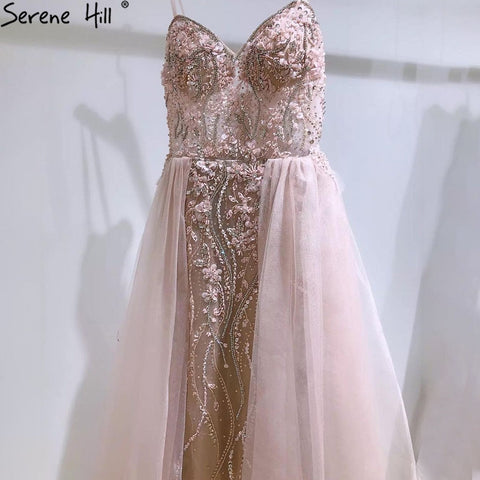 Vestido de noche rosa de lujo con sobrefalda, corte sirena, tirantes finos y cuentas, para mujer, fiesta, LA71216 