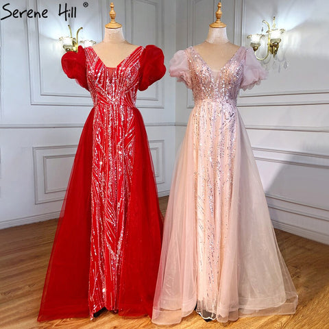 Vestidos de noche de lujo en rosa con sobrefalda, con cuentas y mangas cortas abullonadas (2025) para mujer, fiesta LA71361 