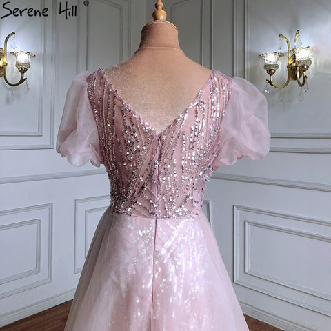 Vestidos de noche de lujo en rosa con sobrefalda, con cuentas y mangas cortas abullonadas (2025) para mujer, fiesta LA71361 